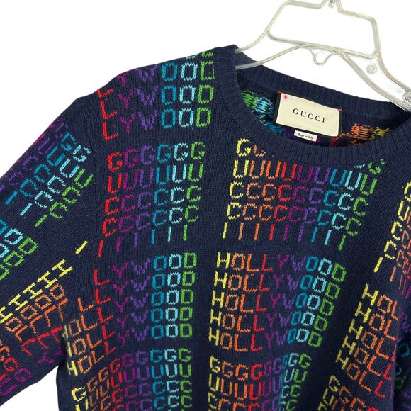 Gucci Hollywood Wool Blend Long Sleeve Logo Navy Blue Crew Neck Sweater L - Picture 3 of 6